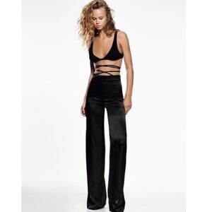 Zara Black Satin Wide Leg Waist Tie Pants